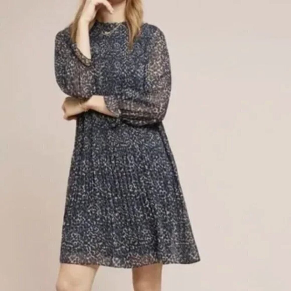 Seen Worn Kept Anthropologie Pleated Leopard Dress Size 8 Blue Black